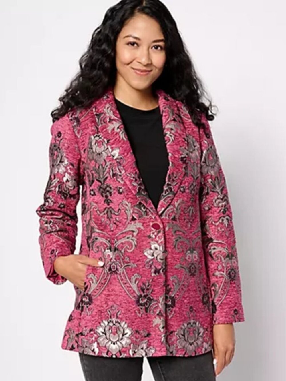 Susan Graver Jacquard Tapestry Notch Collar Jacket Rose/Taupe Plus Petite 28